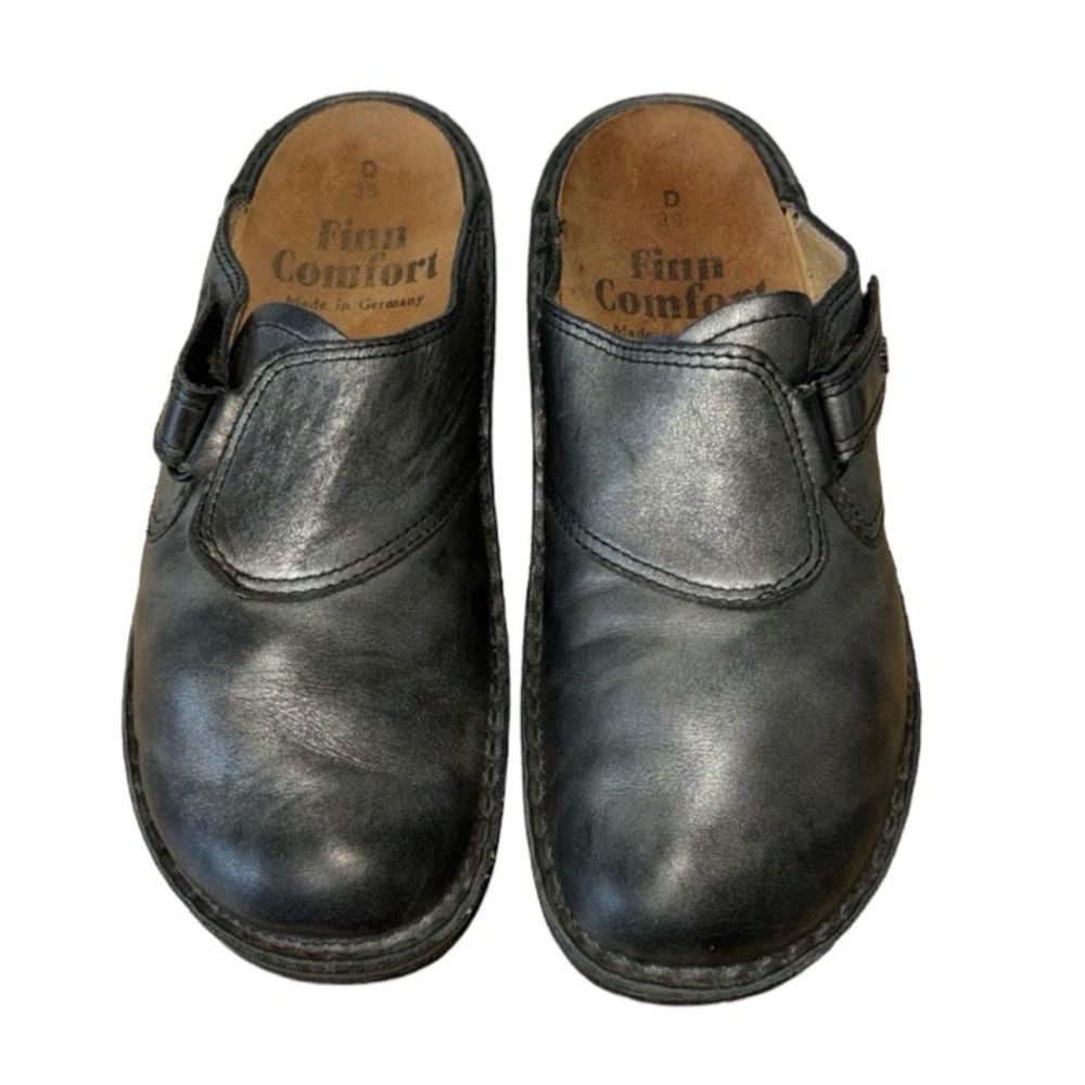 Finn Comfort Black Genuine Leather Clog Comfortable Walking Casual Size 38